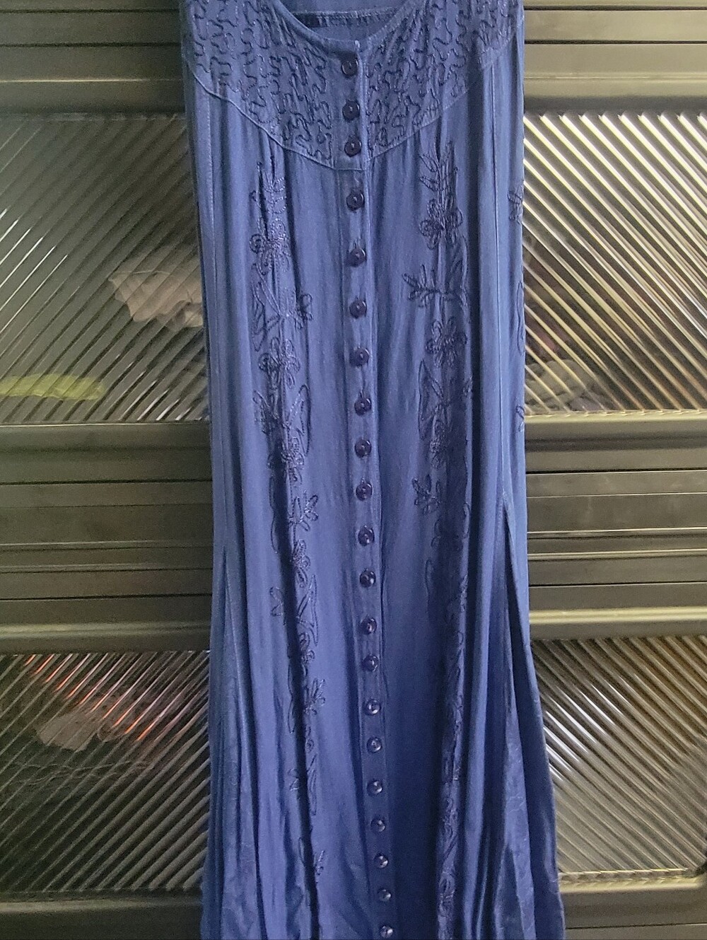 Sakkas Navy Blue Button-Front Maxi Dress with Embroidered Accents